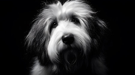 Beautiful Black and White Portrait of Old English Sheepdog for Pet Loversの素材