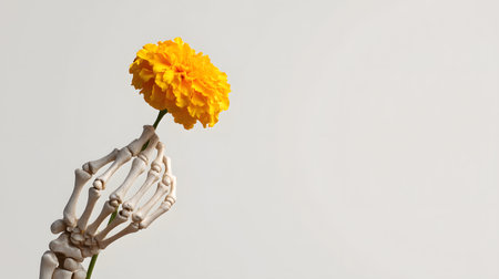 Skeleton Hand Holding Marigold Flower Isolated on White Backgroundの素材