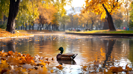 Serene Autumn Scene with Duck in City Park Pond - Stock Imageの素材