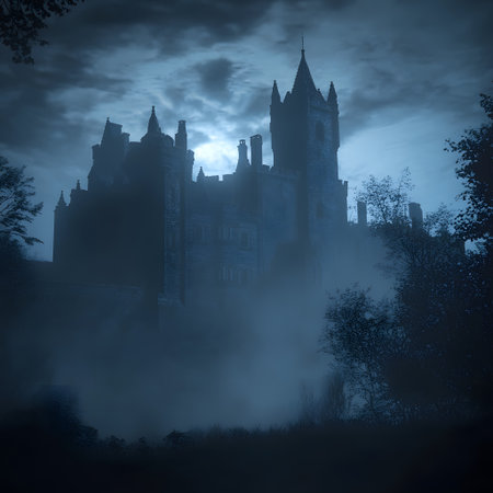 Eerie Foggy Night at Haunted Gothic Castle - Spooky Atmosphere for Halloweenの素材