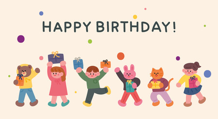 birthday greeting card friends flat design style minimal vector illustrationのイラスト素材