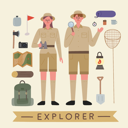 explorer character and adventure items. flat design style minimal vector illustrationのイラスト素材