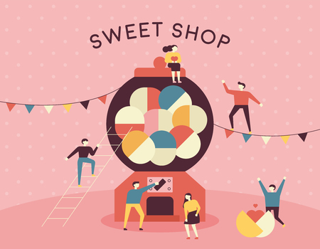 Sweet shop machine and people pink backgroundのイラスト素材