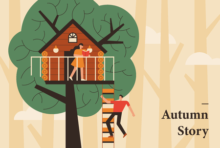 house on tree and couple character poster. flat design style minimalのイラスト素材