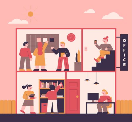 A layout consisting of each office section of a building. people working in each roomのイラスト素材