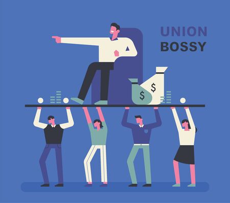 A bad boss wielding power. Staff struggling to lift a huge boss.のイラスト素材