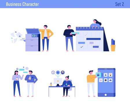 Small and cute characters working in the office. Business work design.のイラスト素材
