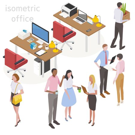 Desk with office supplies and office supplies. Isometric design. flat design style minimal vector illustration.のイラスト素材