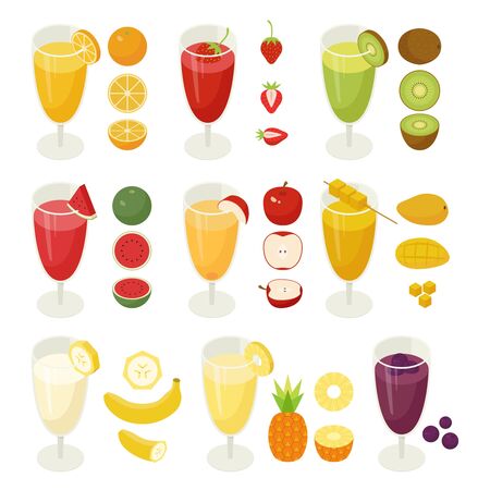 Fruit drinks in juice cups isometric design. Fruit icons. flat design style minimal vector illustration.のイラスト素材