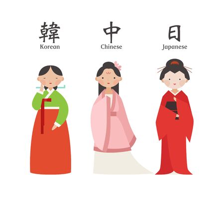 Female character set wearing Korean, Chinese, Japanese traditional costume. Flat design style   illustration.のイラスト素材