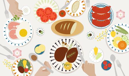 Food at the top view dinner table. flat design style minimal vector illustration.のイラスト素材