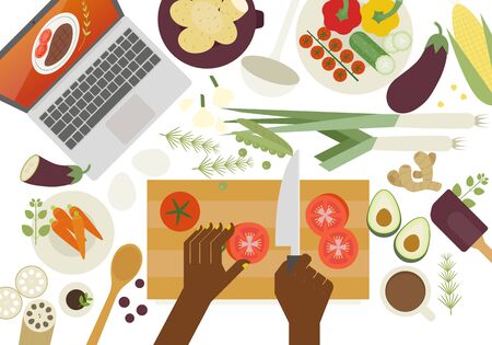 Hands with laptop spread out and cook. Vegetables on the table. flat design style minimal vector illustration.のイラスト素材