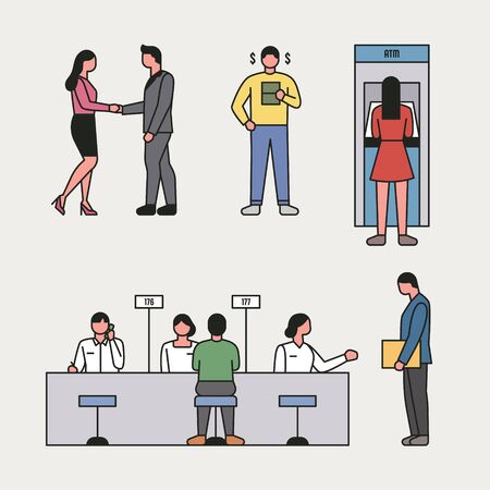 Employees and customers who work in banks. flat design style minimal vector illustration.のイラスト素材