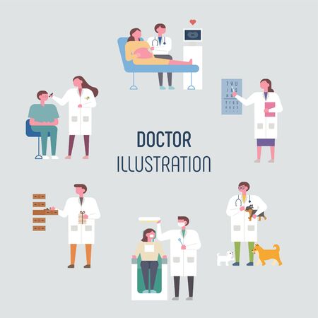 Doctors who treat different parts of patients. flat design style minimal vector illustration.のイラスト素材