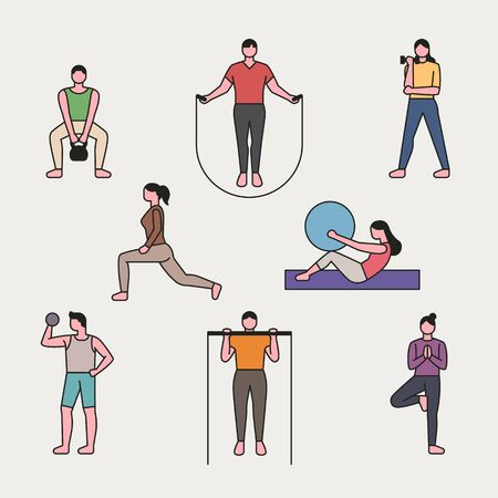 People outline character exercising in gym. flat design style minimal vector illustration.のイラスト素材
