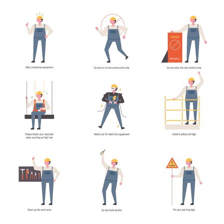 Character explaining safety rules at construction site. flat design style minimal vector illustration.のイラスト素材