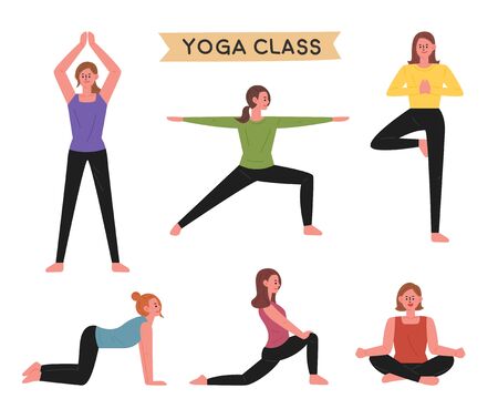 Set of female character posing in yoga class. flat design style minimal vector illustration.のイラスト素材