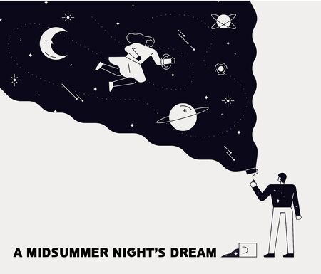 Men and women in different spaces. A man is drawing a woman in outer space. flat design style minimal vector illustration.のイラスト素材