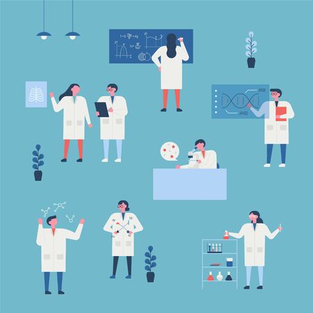 Researchers doing various experiments in the lab. flat design style minimal vector illustration.のイラスト素材