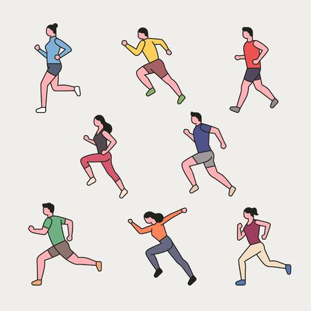 Running character outline character set in marathon. flat design style minimal vector illustration.のイラスト素材