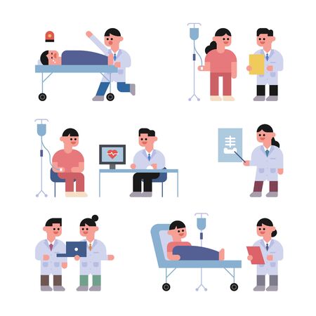 Little cute doctor character. Various tasks of doctors working in the hospital. flat design style minimal vector illustration.のイラスト素材