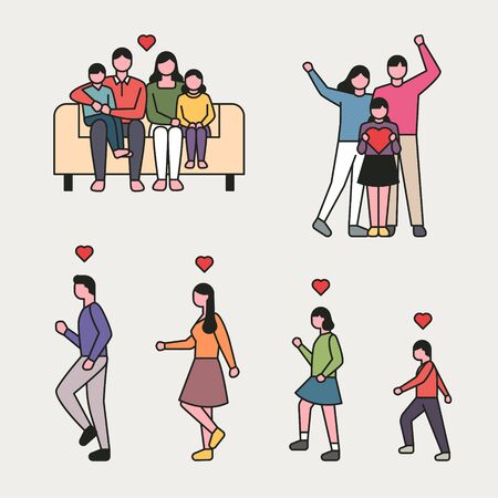 outline style happy family character set. flat design style minimal illustration.のイラスト素材