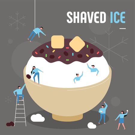 Asian summer dessert. Small people who make giant red bean sauce shaved ice. flat design style minimal illustration.のイラスト素材