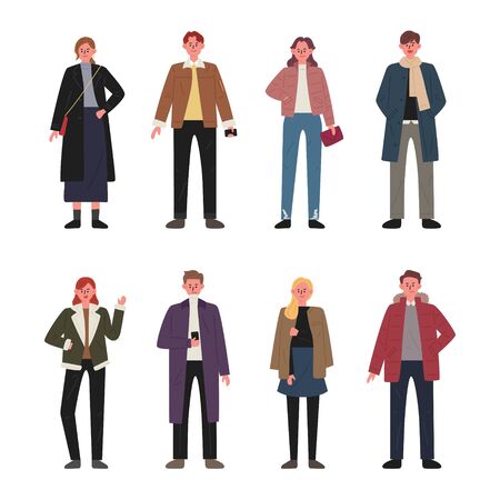 Set of men and women characters wearing autumn clothes. flat design style minimal illustration.のイラスト素材