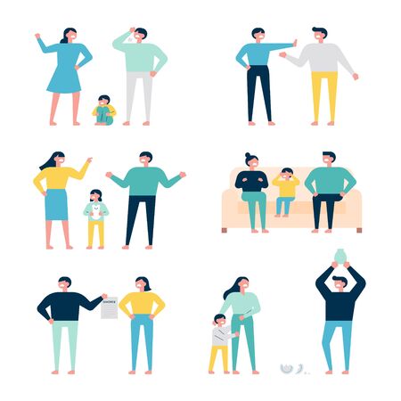 Set of family characters fighting and quarreling with each other. flat design style minimal illustration.のイラスト素材