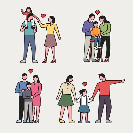 outline style happy family character set. flat design style minimal illustration.のイラスト素材