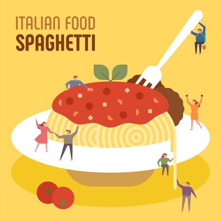 Small people are eating huge Italian spaghetti. flat design style minimal illustration.のイラスト素材
