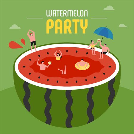 Small people have a summer party while swimming in a giant watermelon. flat design style minimal vector illustration.のイラスト素材