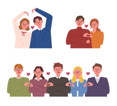 People making various heart shapes with hands .. flat design style minimal vector illustration.のイラスト素材