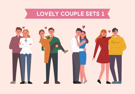 Set of couple characters in various poses. flat design style minimal vector illustration.のイラスト素材