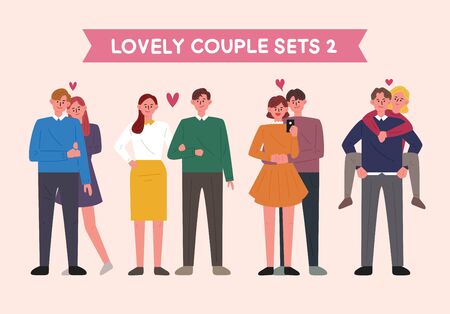Set of couple characters in various poses. flat design style minimal vector illustration.のイラスト素材