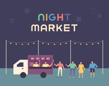 Night Food Truck Market Poster. People waiting in line in a food truck to place an order. flat design style minimal vector illustration.のイラスト素材