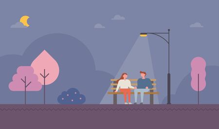 Romantic couple sitting on a park bench late at night.のイラスト素材