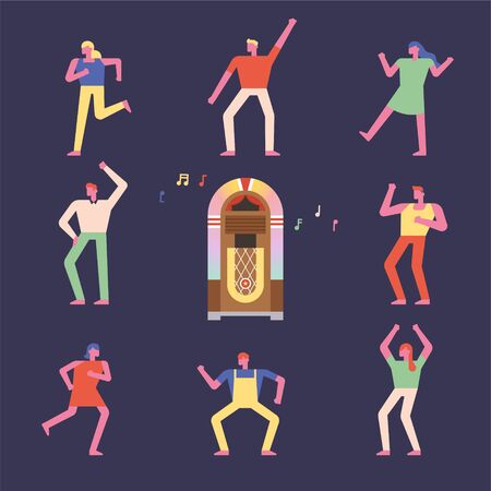 A set of people characters dancing to the music in a music box.のイラスト素材