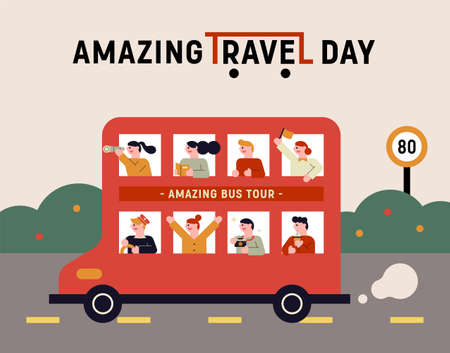 Cute travel poster. People who travel by double-decker bus. flat design style minimal vector illustration.のイラスト素材