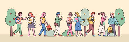 Students going to school. Horizontal banner concept. flat design style minimal vector illustration.のイラスト素材
