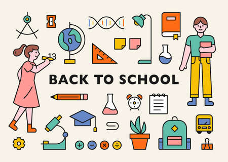 Student character and school supplies icon collection. flat design style minimal vector illustration.のイラスト素材
