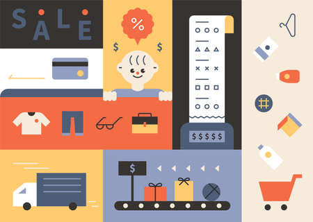 Shopping icons in the divided screen. flat design style minimal vector illustration.のイラスト素材