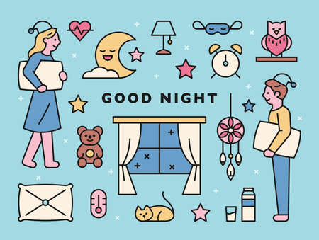 Good night. A collection of icons for characters wearing pajamas and objects related to sleep. flat design style minimal vector illustration.のイラスト素材