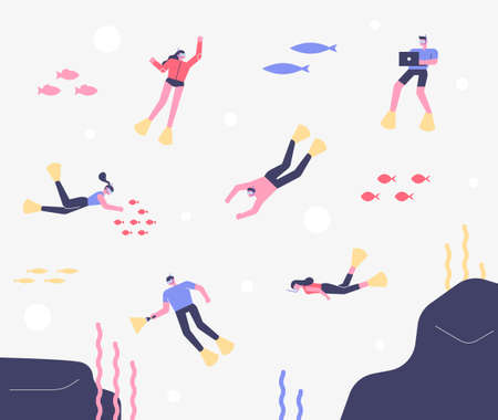 Skin scubas exploring the sea. flat design style minimal vector illustration.のイラスト素材