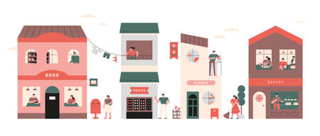 Cute two-story houses and neighbors. flat design style minimal vector illustration.のイラスト素材