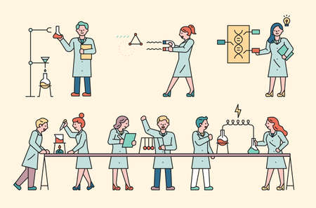 Cute scientists doing experiments in the lab. flat design style minimal vector illustration.のイラスト素材
