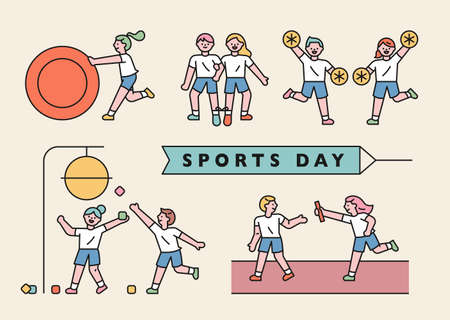School sports day. Cute students are playing various games. flat design style minimal vector illustration.のイラスト素材