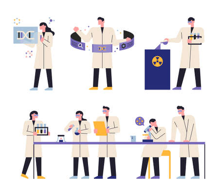 Scientists are doing research in the laboratory. flat design style minimal vector illustration.のイラスト素材