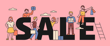 People who shop around the large SALE text. flat design style minimal vector illustration.のイラスト素材