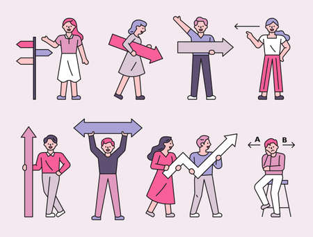 A collection of people holding various types of arrows. flat design style minimal vector illustration.のイラスト素材